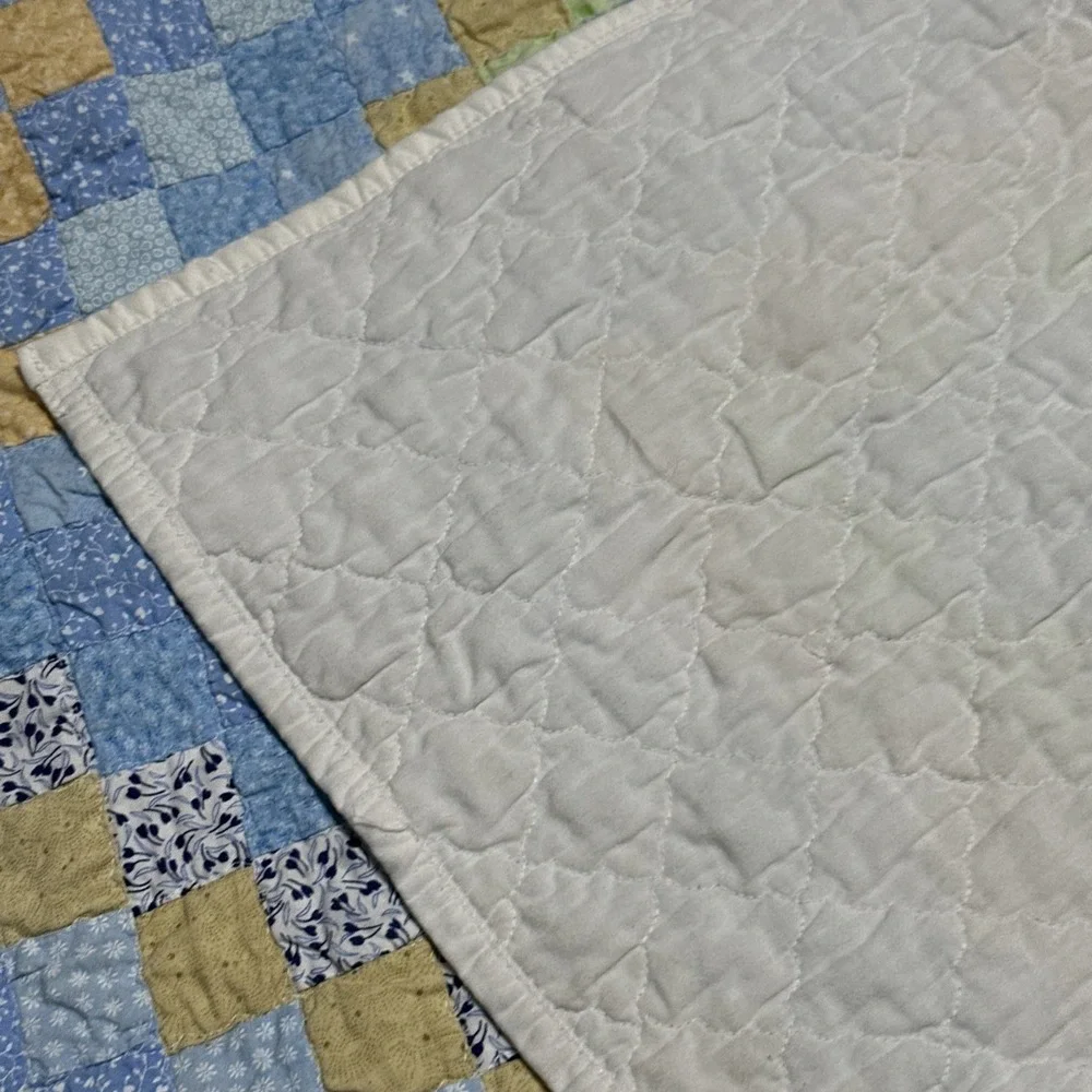 Vintage Handmade Baby /Child Quilt Blues Greens Floral Small Diamonds 60